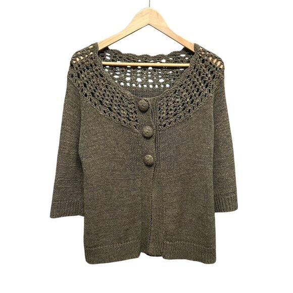 Green Crochet Knit Covered Chunky Button Cardigan Size M - Picture 2 of 3